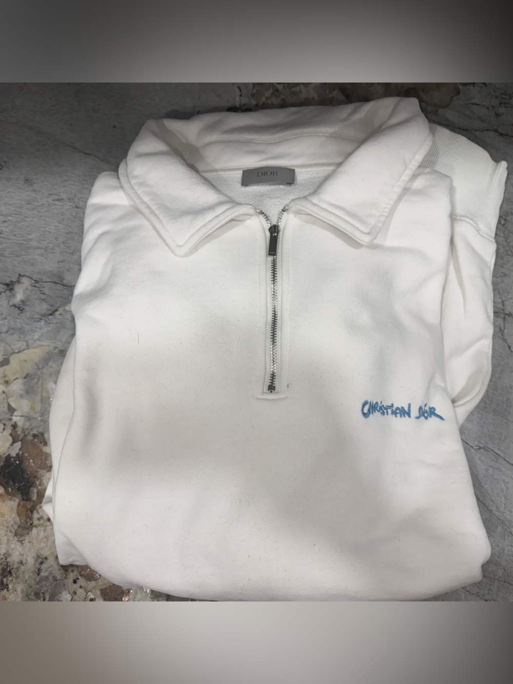 Dior White Half-Zip Sweater with Blue Script Logo